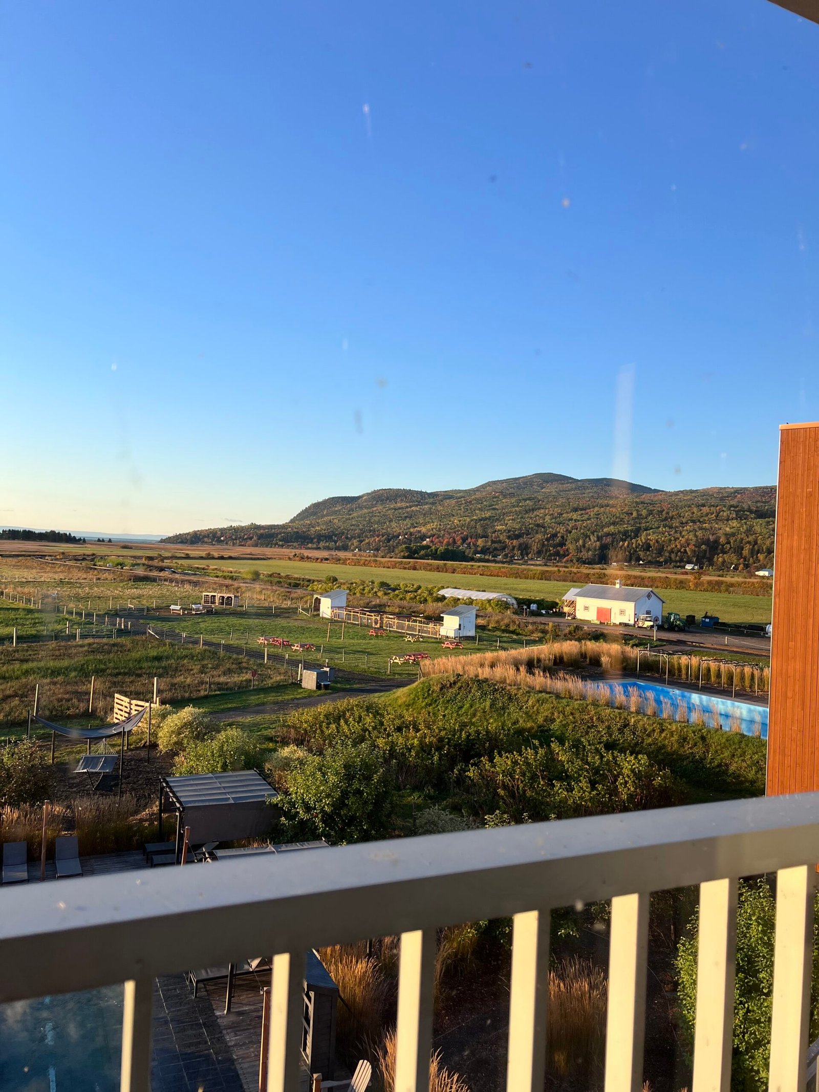 Views from the Bergerie family room overlooking the nordic spa and surrounding mountains