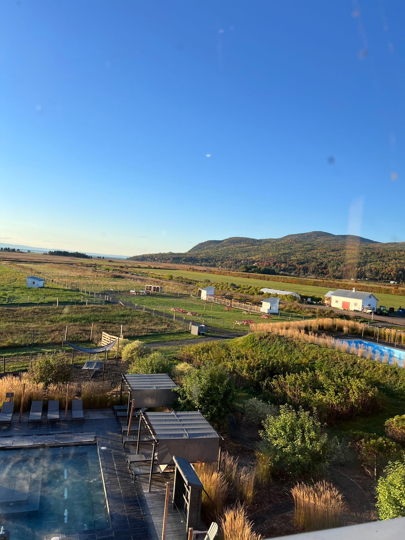 Views from the Bergerie family room overlooking the nordic spa and surrounding mountains